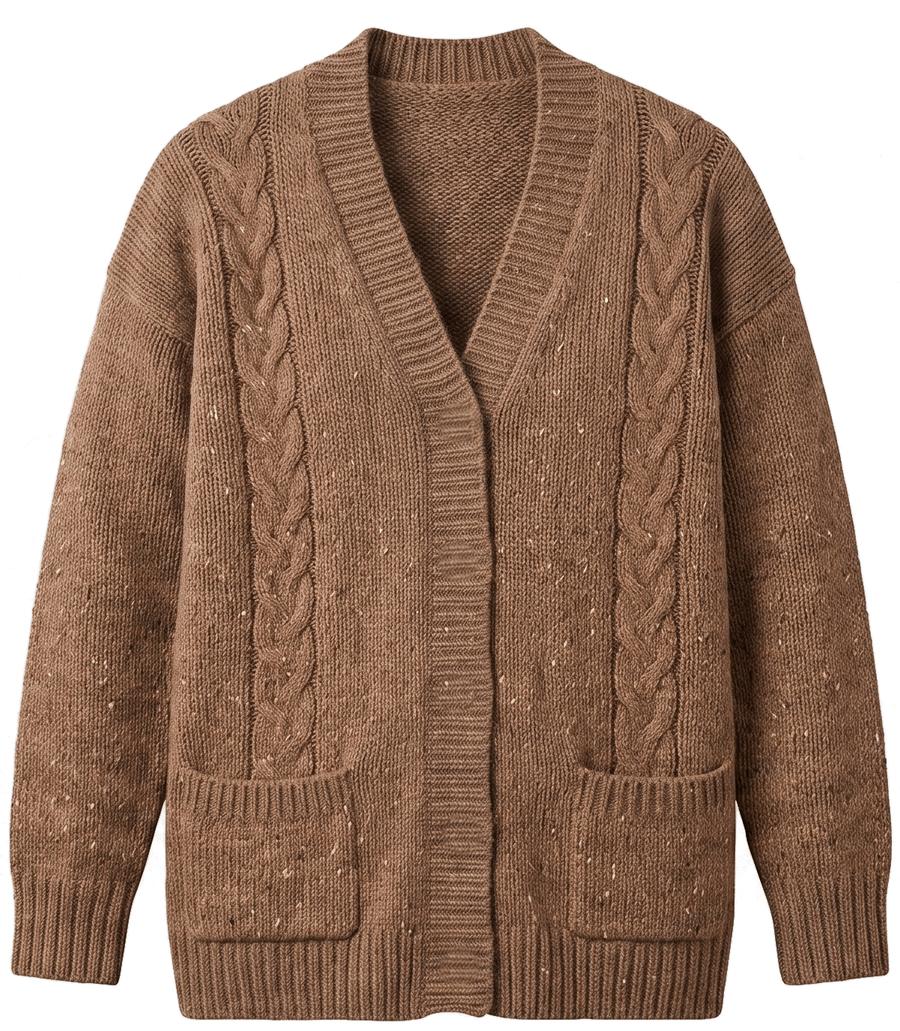 A cable-knit cardigan whose buttons keep changing to different real catalog buttons
